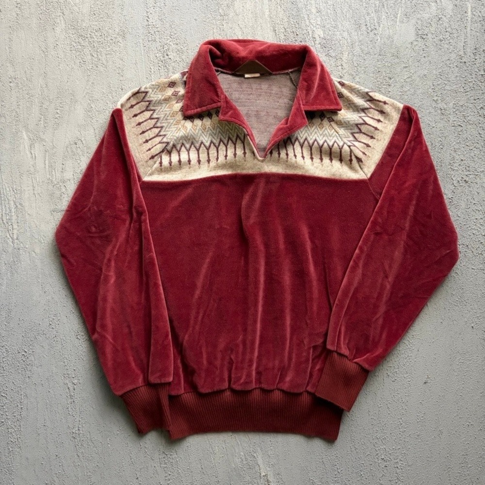 Vintage Legacy Velour Pullover XL Sweater Red 1970s Geometric Fair Isle V-Neck
